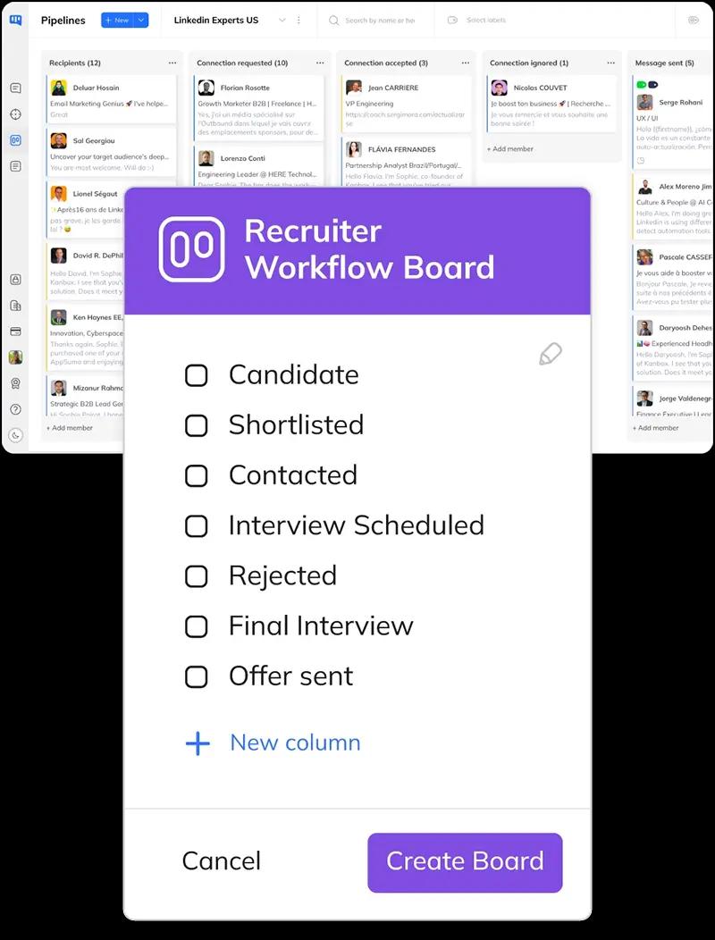 Pipeline Kanban de recrutamento