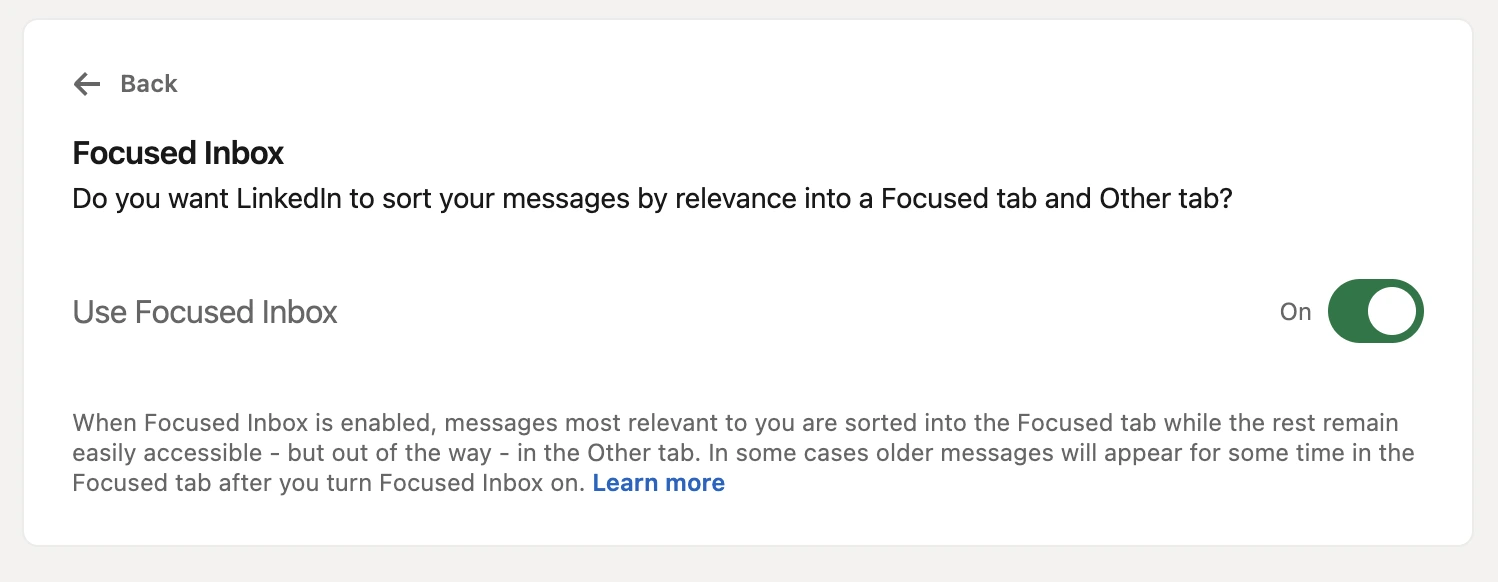 Enable the Focused mode on your LinkedIn inbox