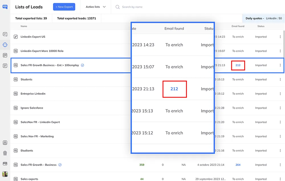 CSV export button