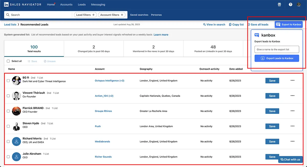 Exporting saved Sales Navigator candidate lists to Kanbox