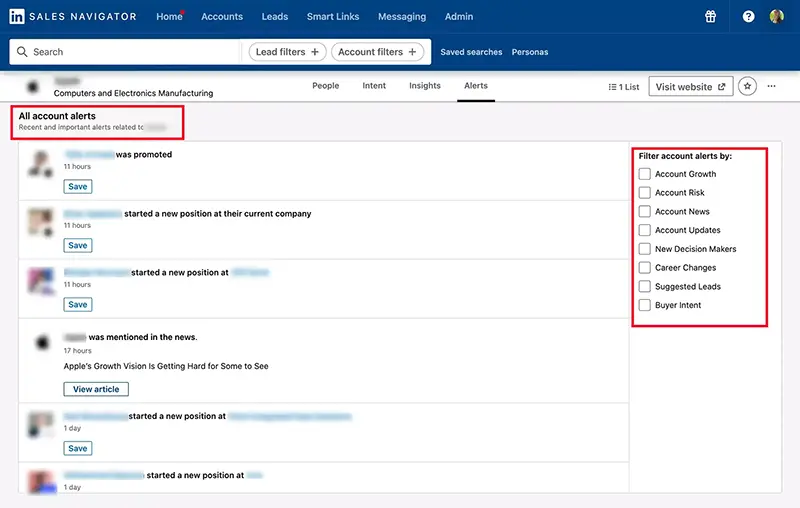 Sales Navigator, latest account alerts