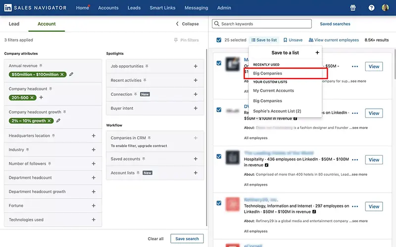 Sales Navigator, ajouter les comptes dans une liste existante