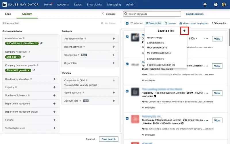Sales Navigator, adding accounts to a new list