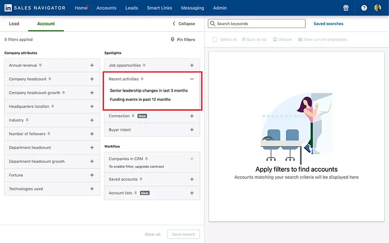 Sales Navigator, applying filters to accounts