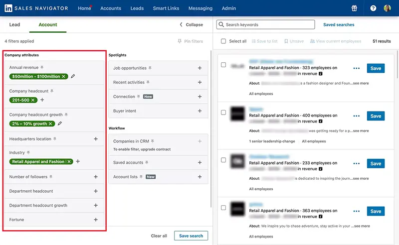 Sales Navigator, applying filters to accounts