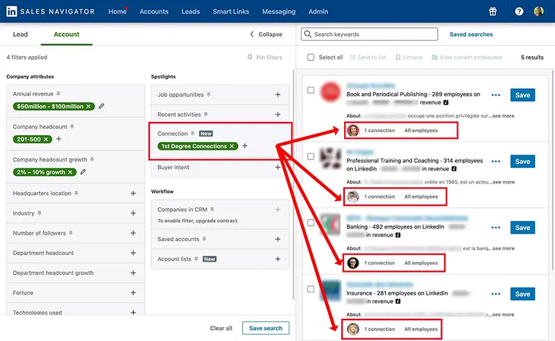 Sales Navigator, appliquer des filtres sur les comptes 