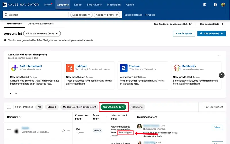 Sales Navigator, latest account growth alerts