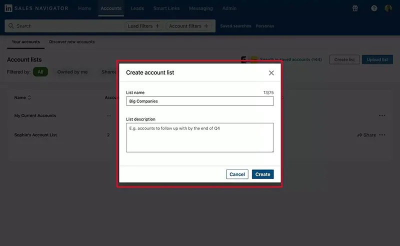 Sales Navigator, account list creation form