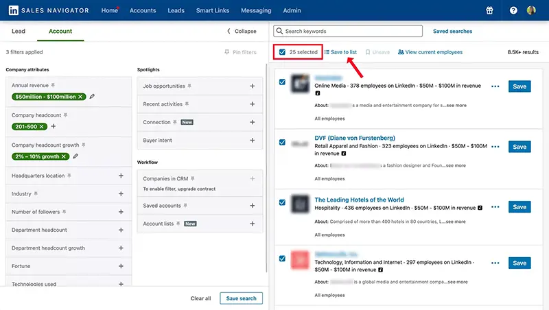 Sales Navigator, selecting accounts to add to a list