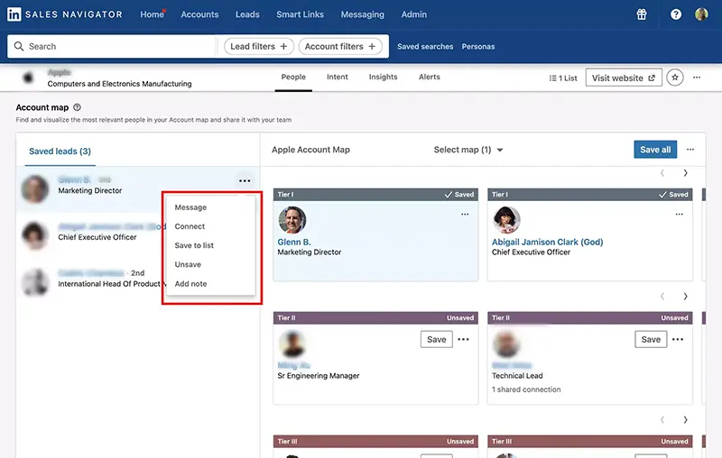 Sales Navigator, Account Mapping Actions