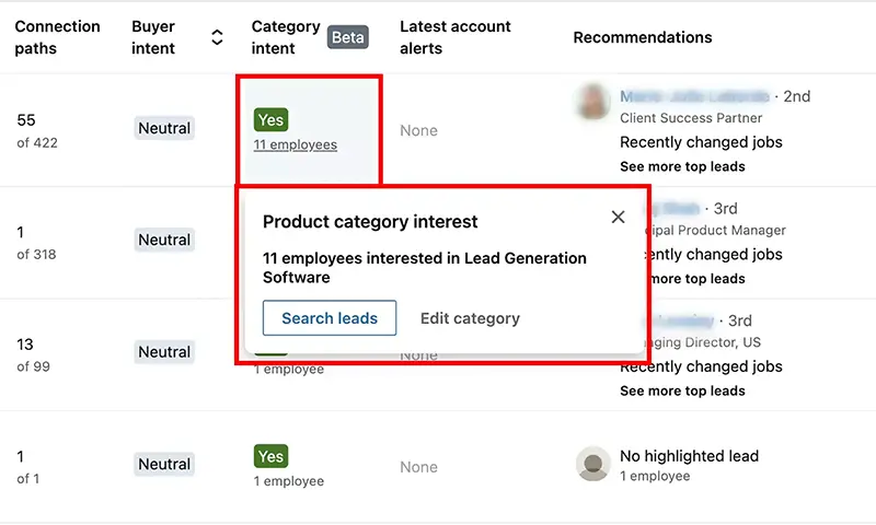 Sales Navigator, Intent Category filter