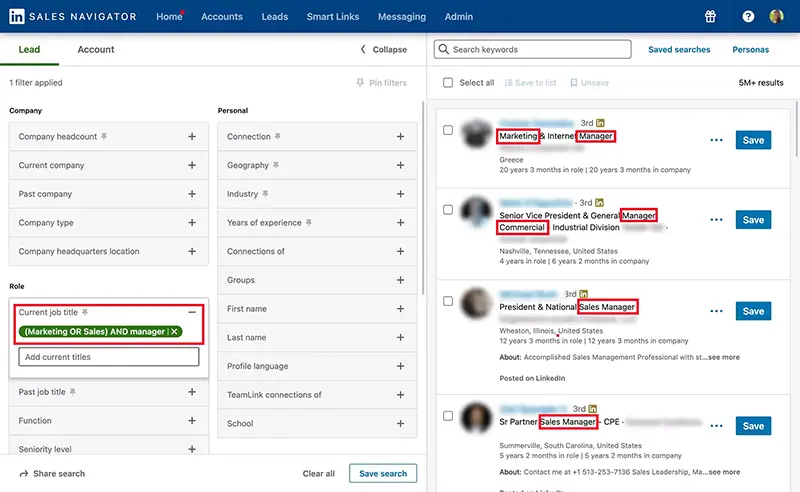 Sales Navigator Boolean search using parentheses