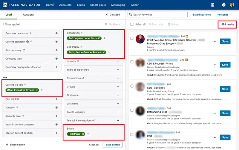 Sales Navigator search results with filters