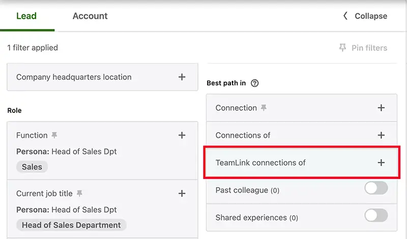 Filtre Teamlink de Sales Navigator