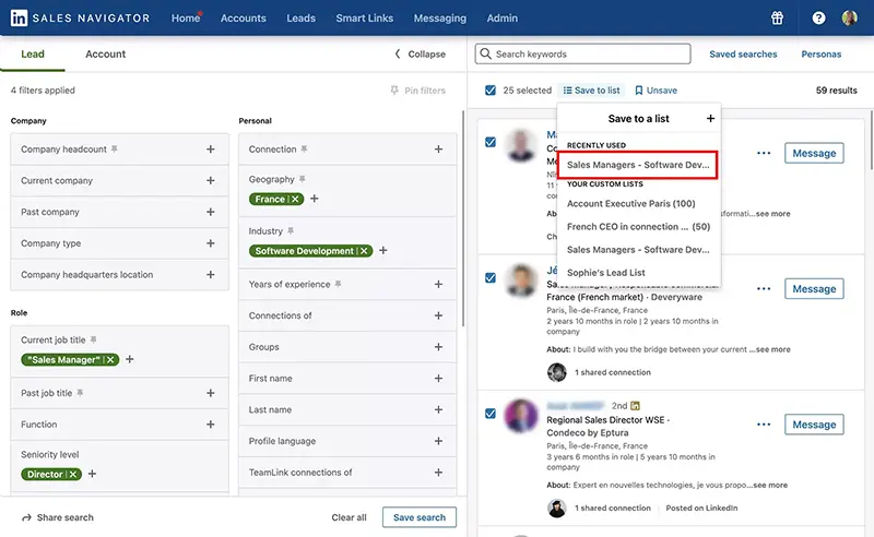 Sales Navigator, ajouter les lead dans une liste existante