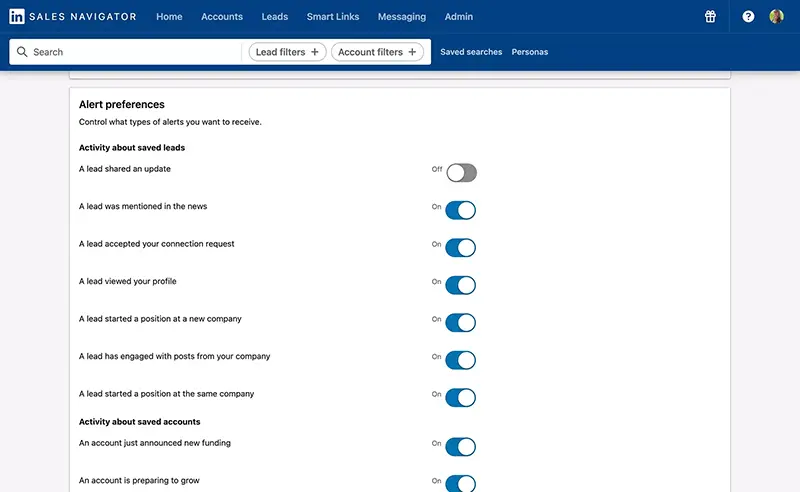 Sales Navigator, configuring alerts