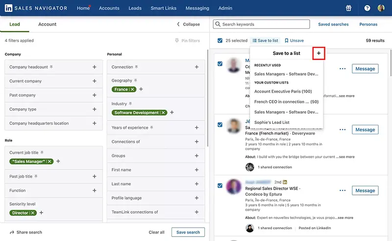 Sales Navigator, adding leads to a new list