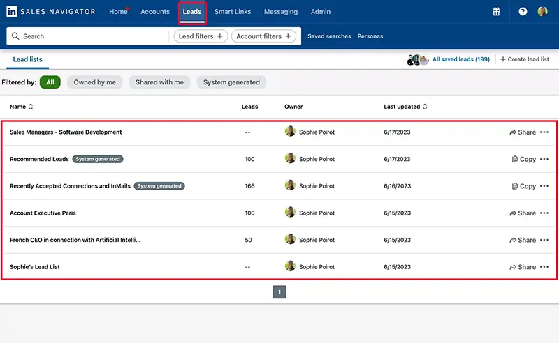Sales Navigator, page des listes de lead