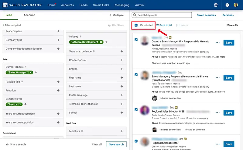 Sales Navigator, selecting multiple leads