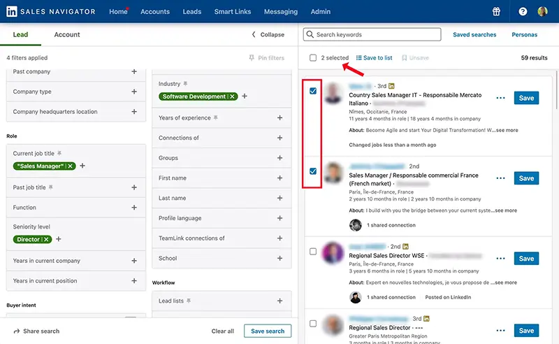 Sales Navigator, selecting leads