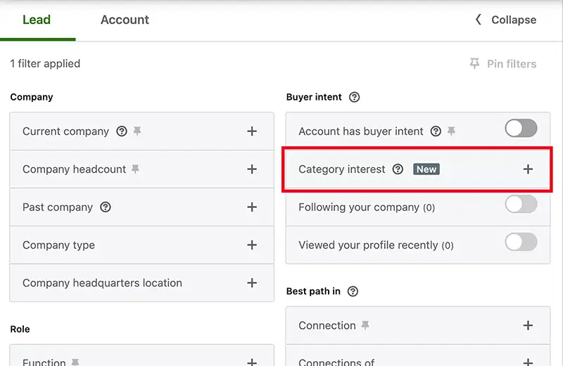 Sales Navigator Category interests filter