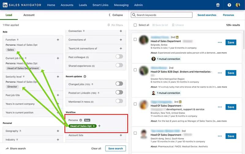 Comment filter avec des personas sur Sales Navigator