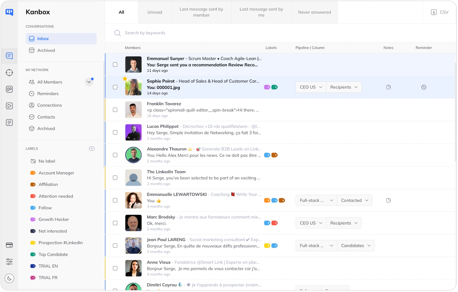 Interface de la Smart Inbox conçue pour améliorer les messages de prospection et la gestion des leads