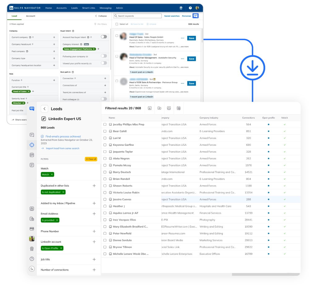 Membres LinkedIn extraits et filtrés dans le Gestionnaire de Leads Kanbox.