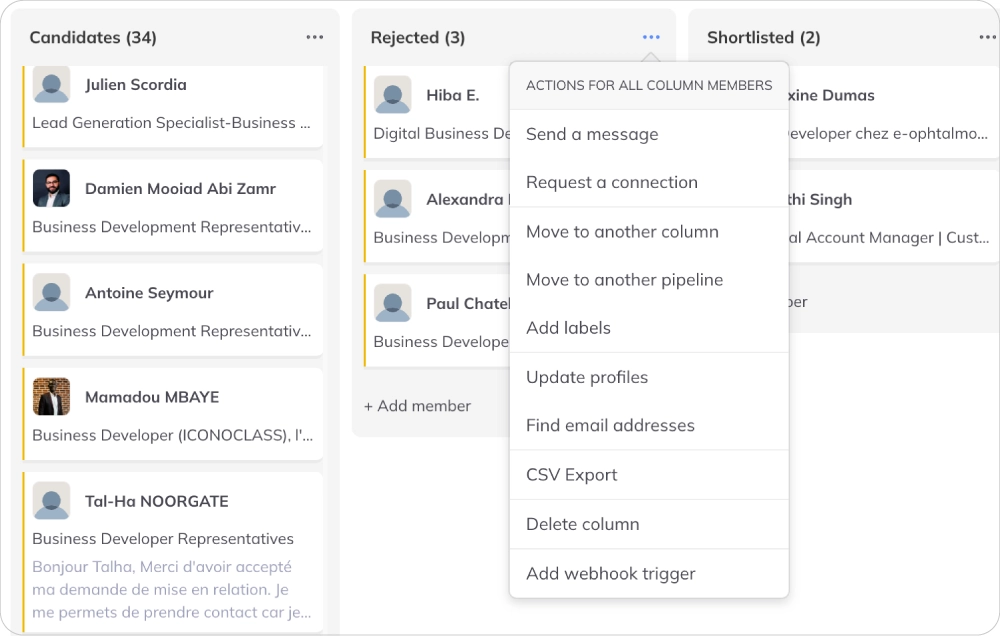 Actions en masse dans Kanban, telles que l'envoi de messages en masse