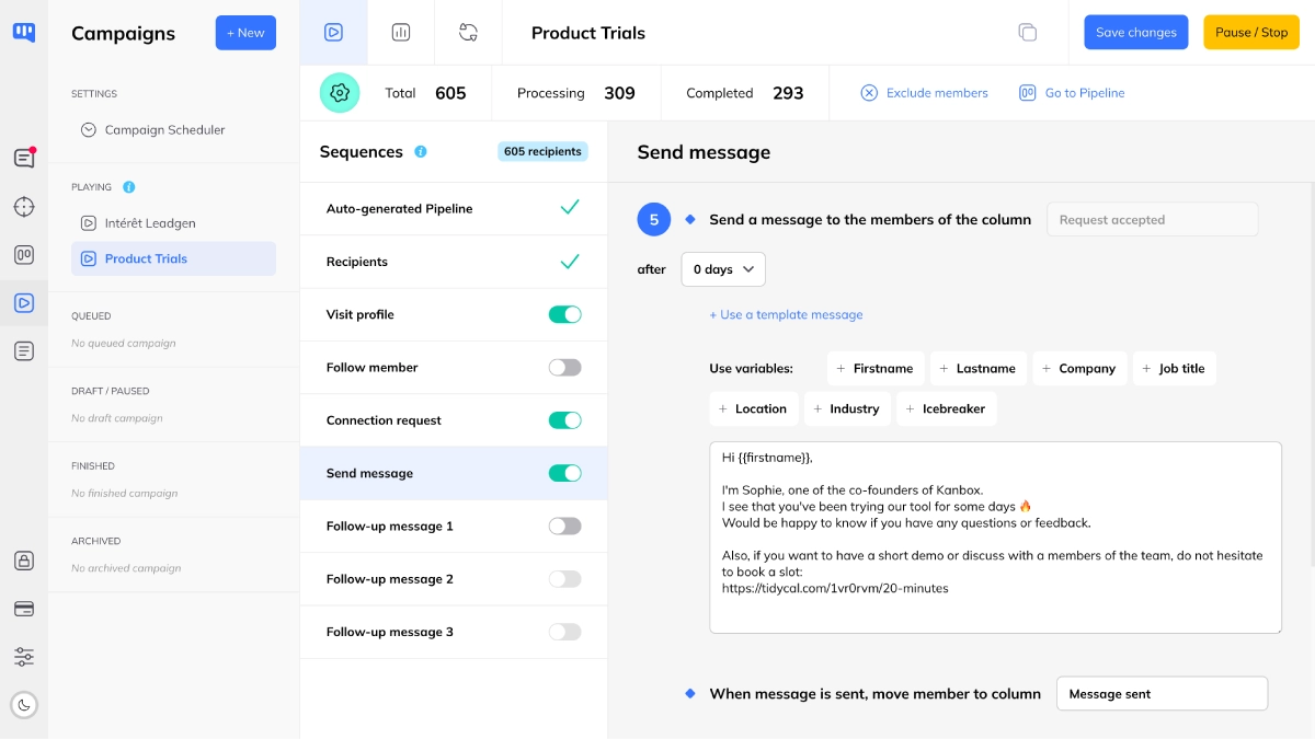 Setting up message sending sequences with Kanbox